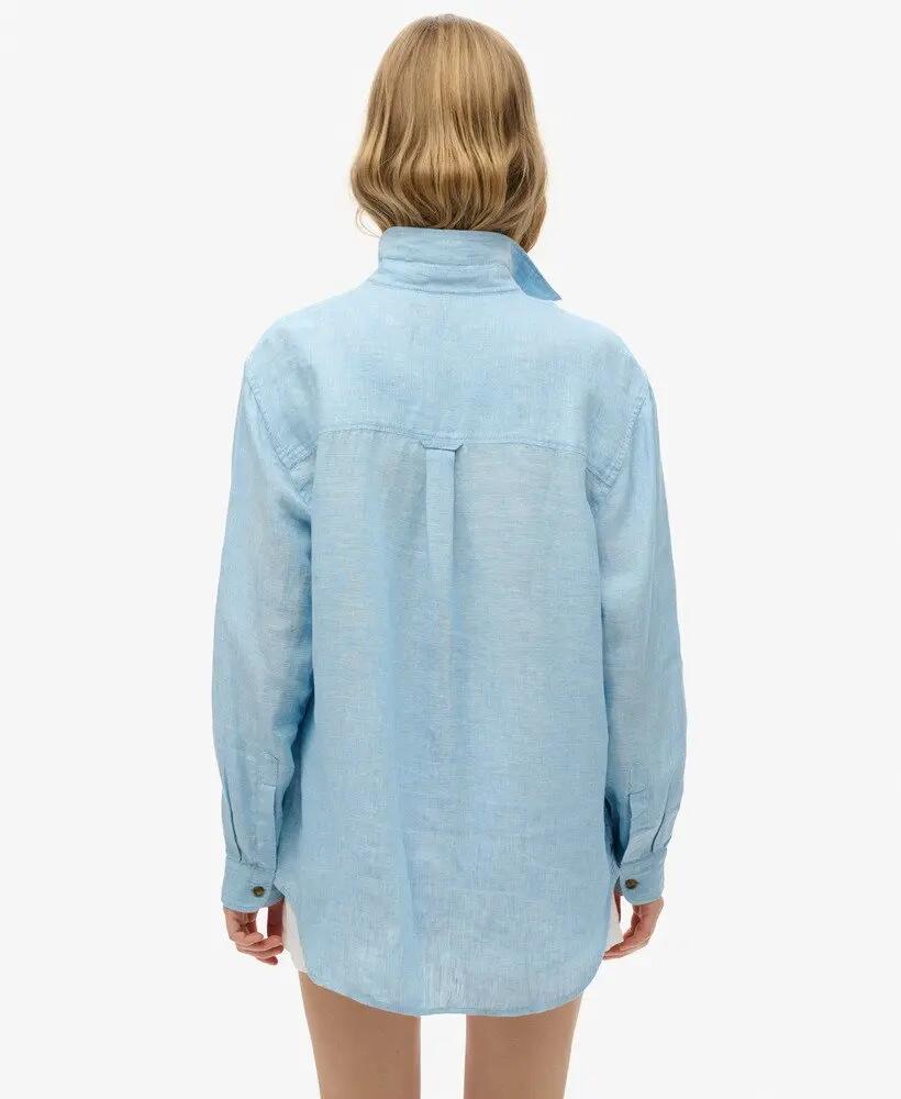 superdry Koszula Boyfriend Casual z Lnu - Sea Blue Chambray 4/6