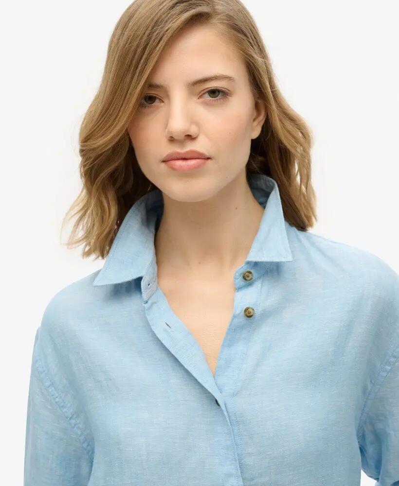 superdry Koszula Boyfriend Casual z Lnu - Sea Blue Chambray 3/6