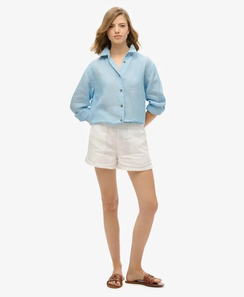 superdry Koszula Boyfriend Casual z Lnu - Sea Blue Chambray 2/6