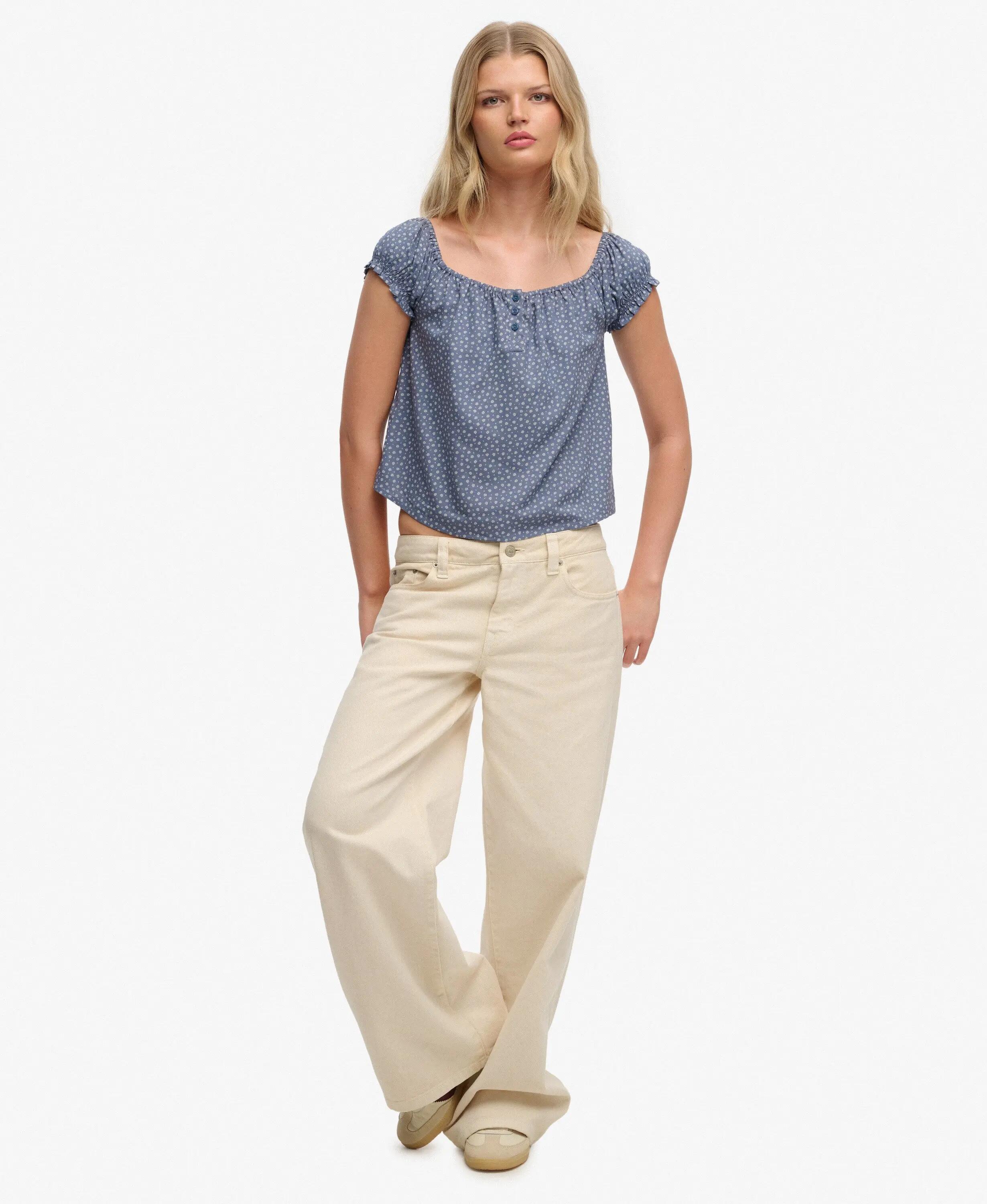 superdry Top tessuto maniche corte mezza abbottonatura in viscosa – Tidal Blue 3/6