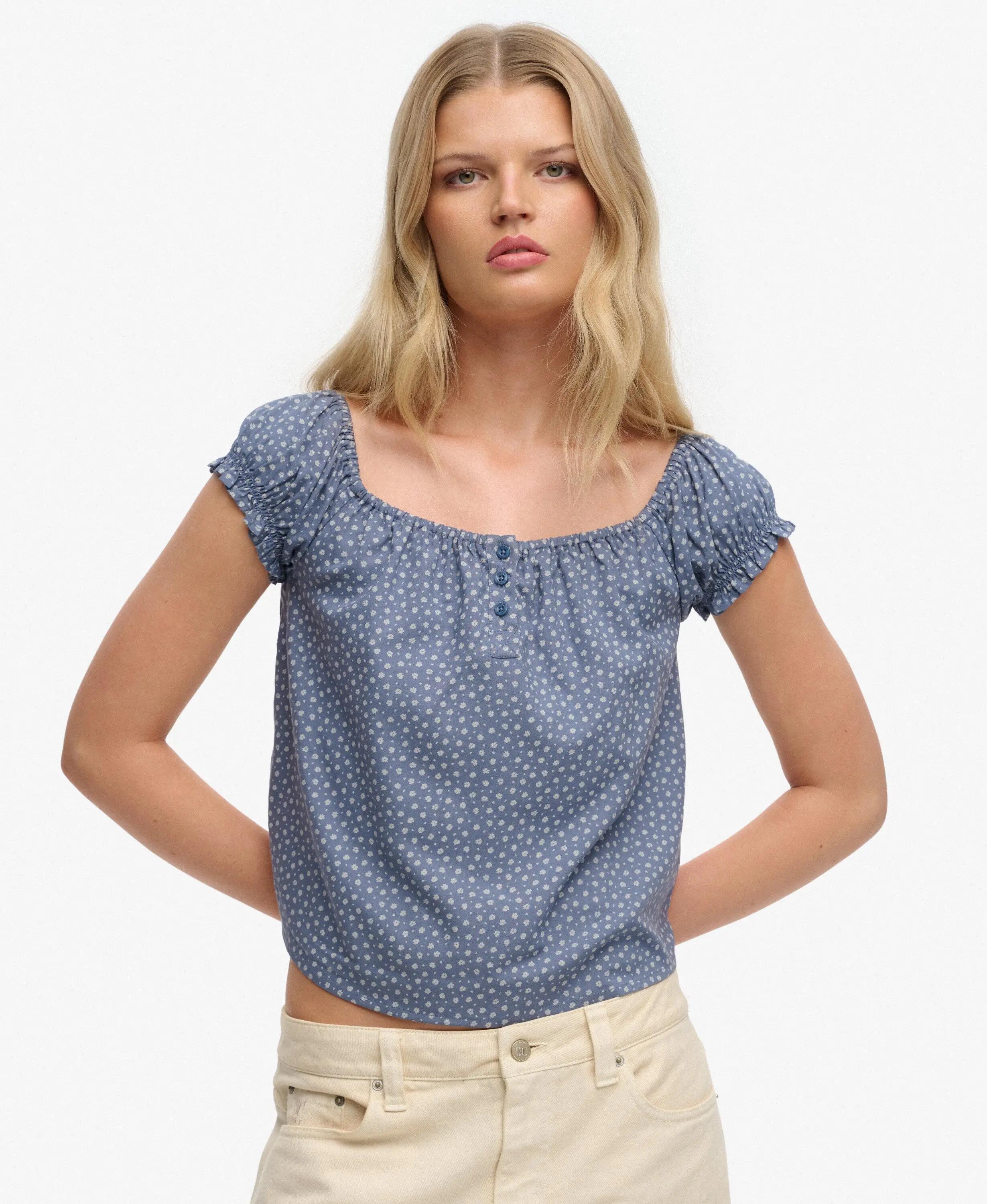 superdry Top tessuto maniche corte mezza abbottonatura in viscosa – Tidal Blue 2/6