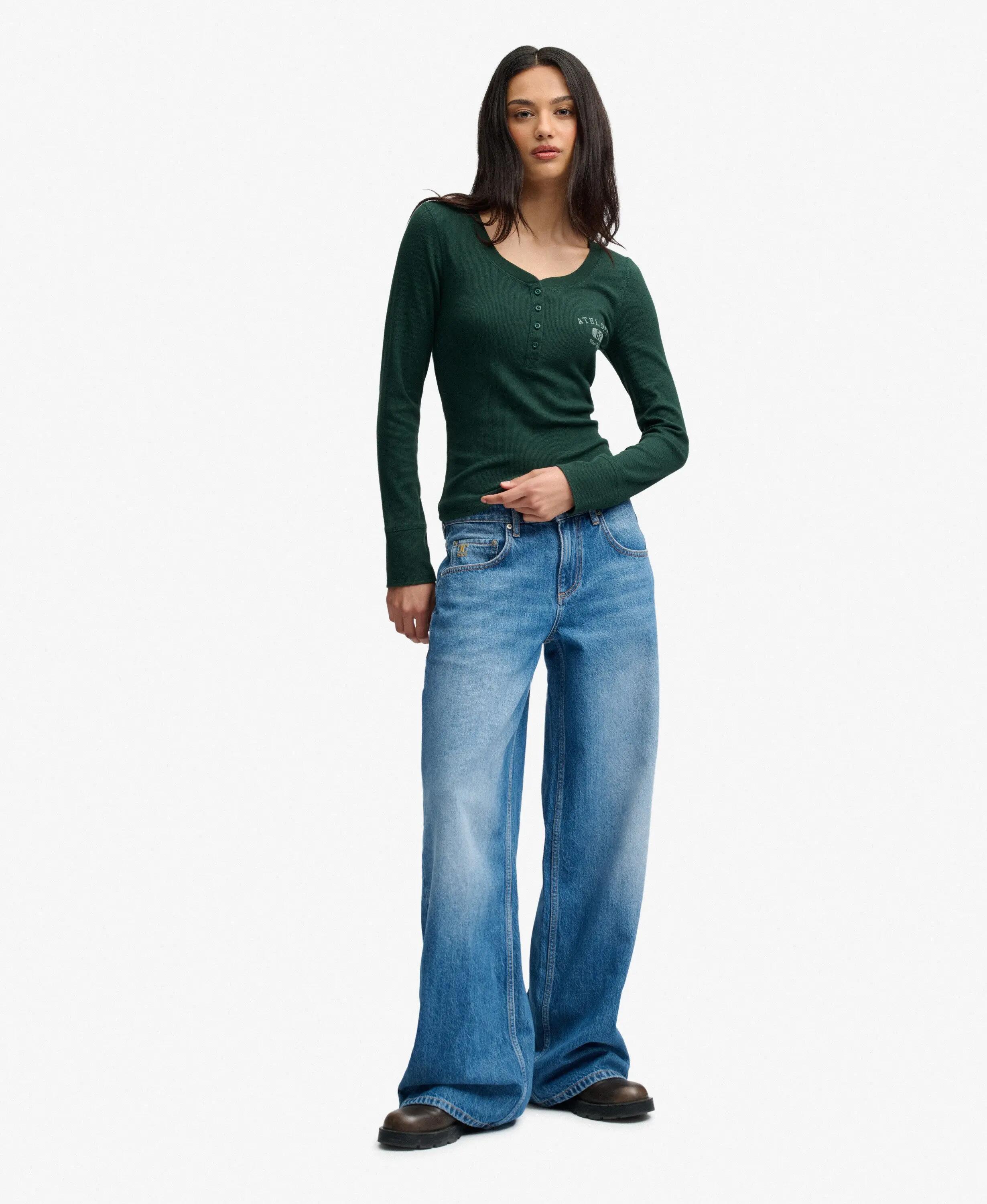 superdry Top manica lunga slim con bottoni in cotone riciclato – ENAMEL GREEN 3/7