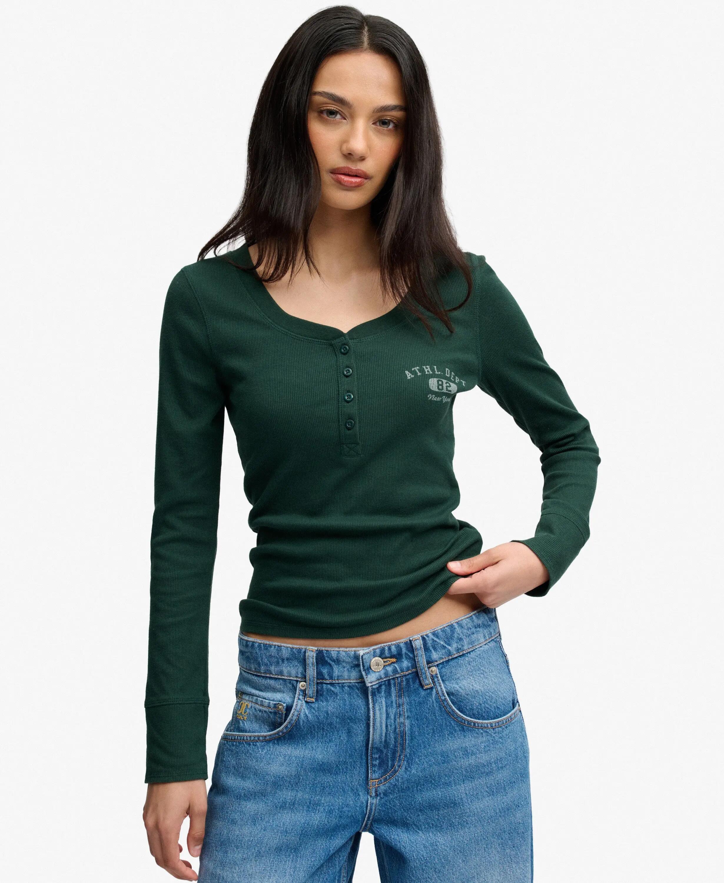 superdry Top manica lunga slim con bottoni in cotone riciclato – ENAMEL GREEN 2/7