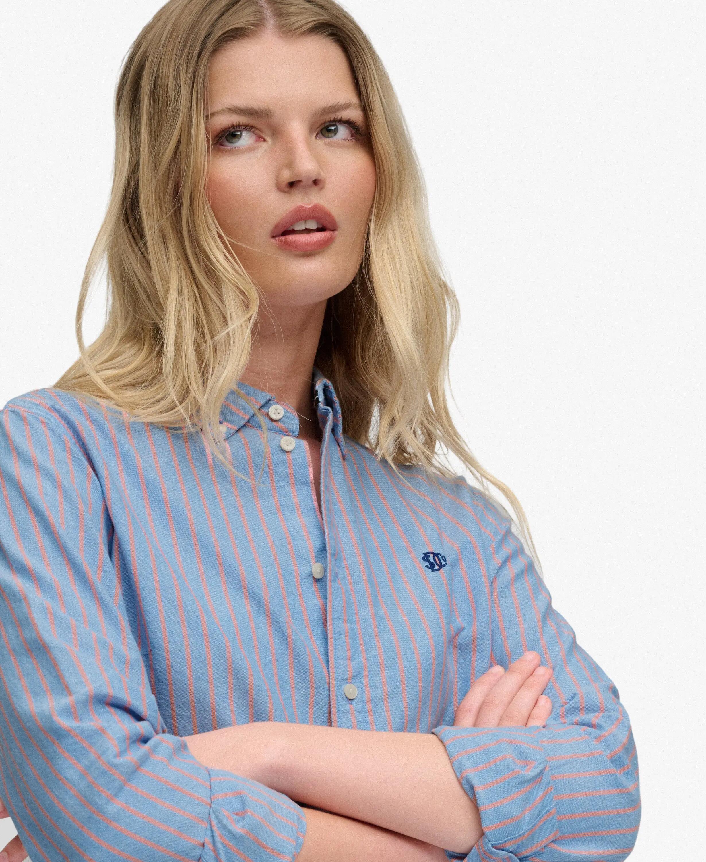 superdry Chemise Slim Oxford à Manches Longues – Rayures Bleu/Rose – BLUE/PINK 4/7