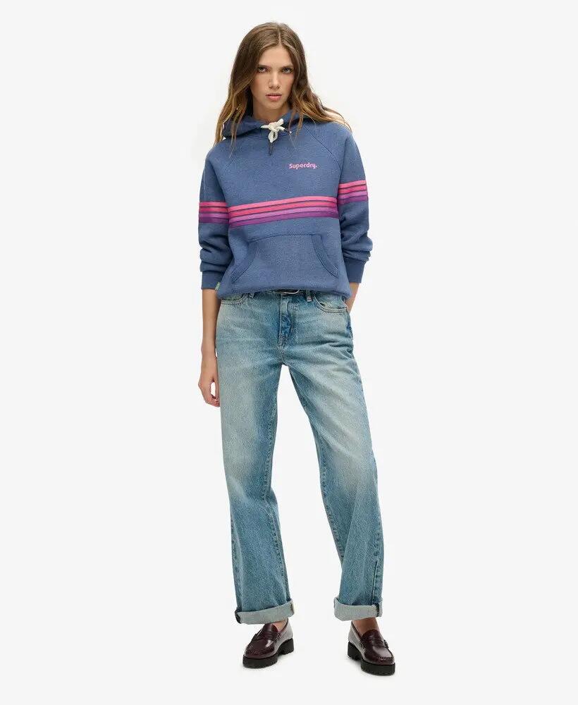 superdry Rainbow Stripe Logo Hoodie in Washed Denim Blue Marl 2/6