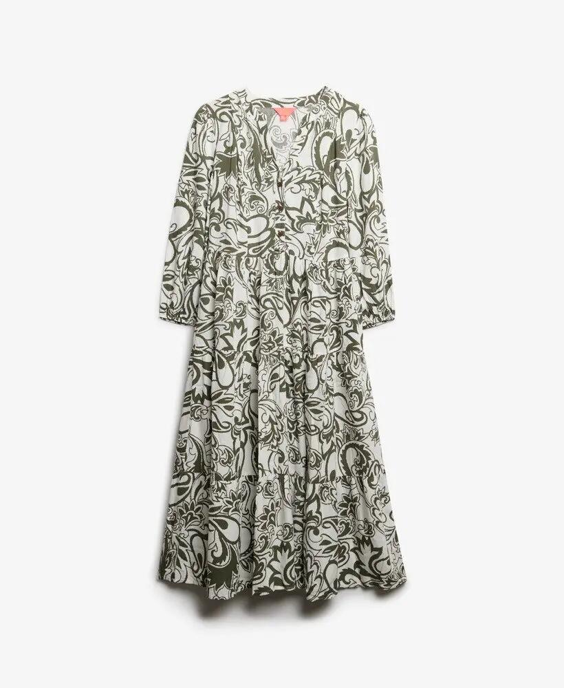superdry Robe midi en viscose tissée à volants KHAKI PAISLEY 7/7