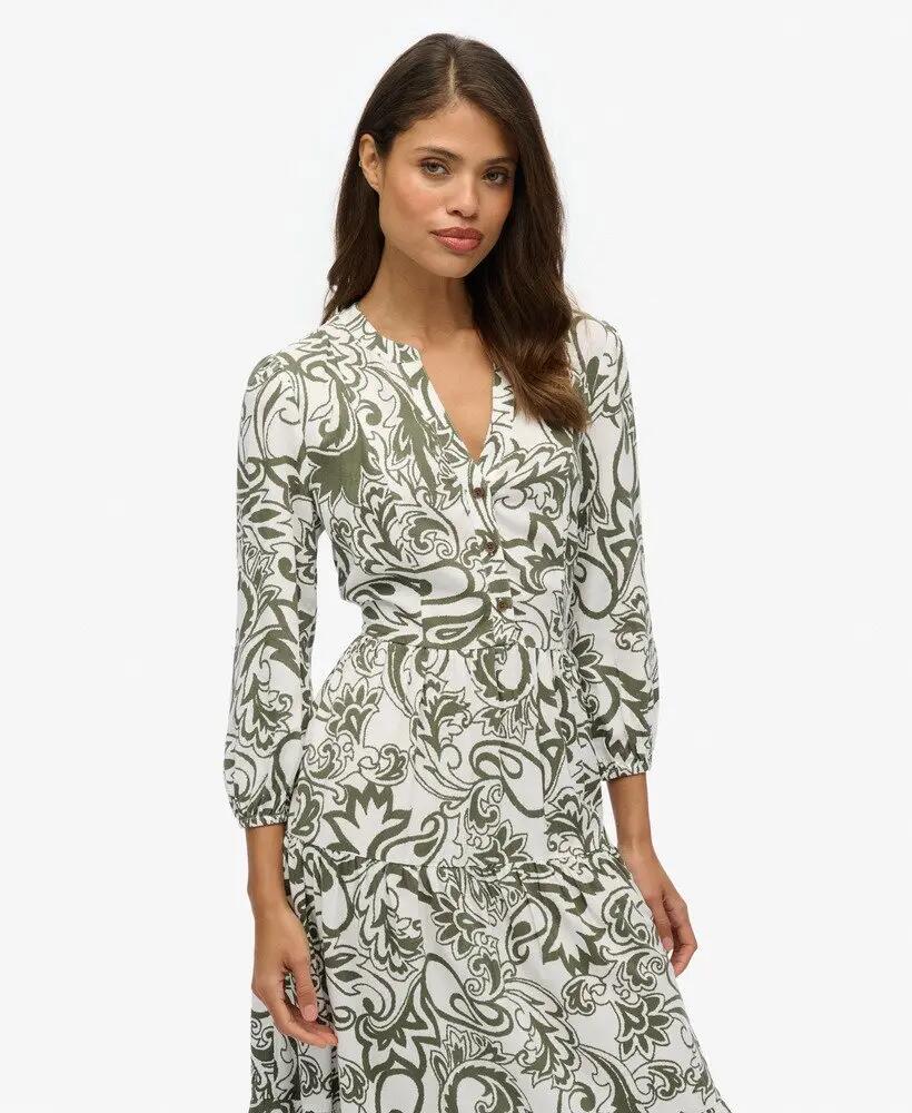 superdry Robe midi en viscose tissée à volants KHAKI PAISLEY 5/7