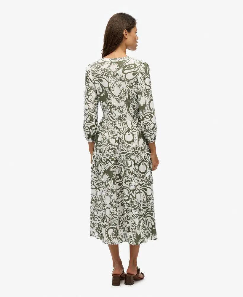 superdry Robe midi en viscose tissée à volants KHAKI PAISLEY 4/7