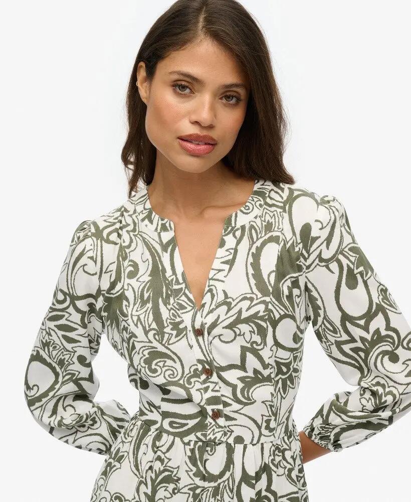 superdry Robe midi en viscose tissée à volants KHAKI PAISLEY 3/7