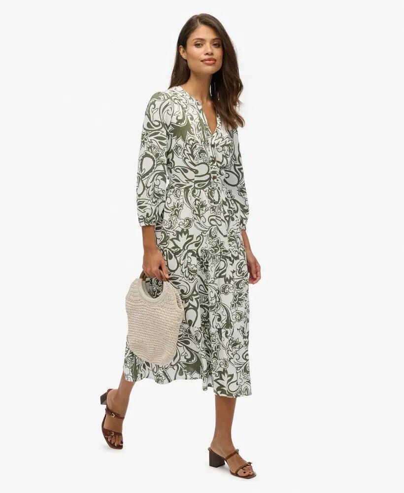 superdry Robe midi en viscose tissée à volants KHAKI PAISLEY 2/7