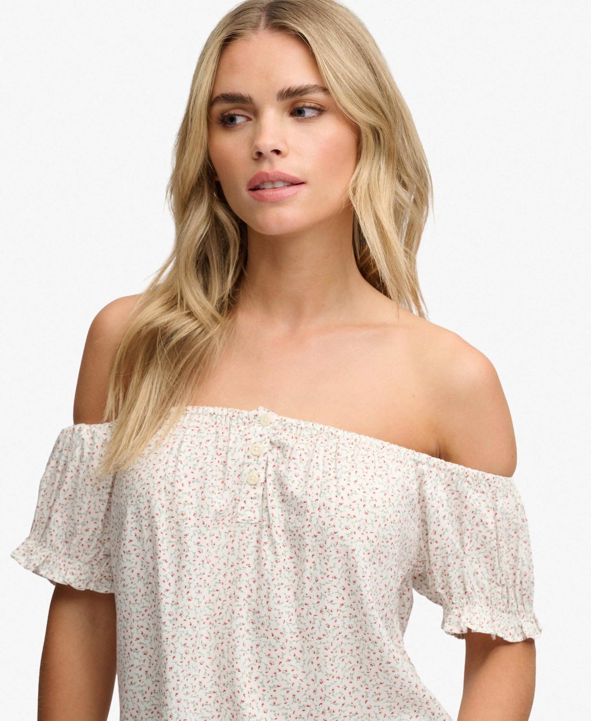 superdry Top tecido manga curta meio botões padrão mini rosas – Off White Mini 4/7
