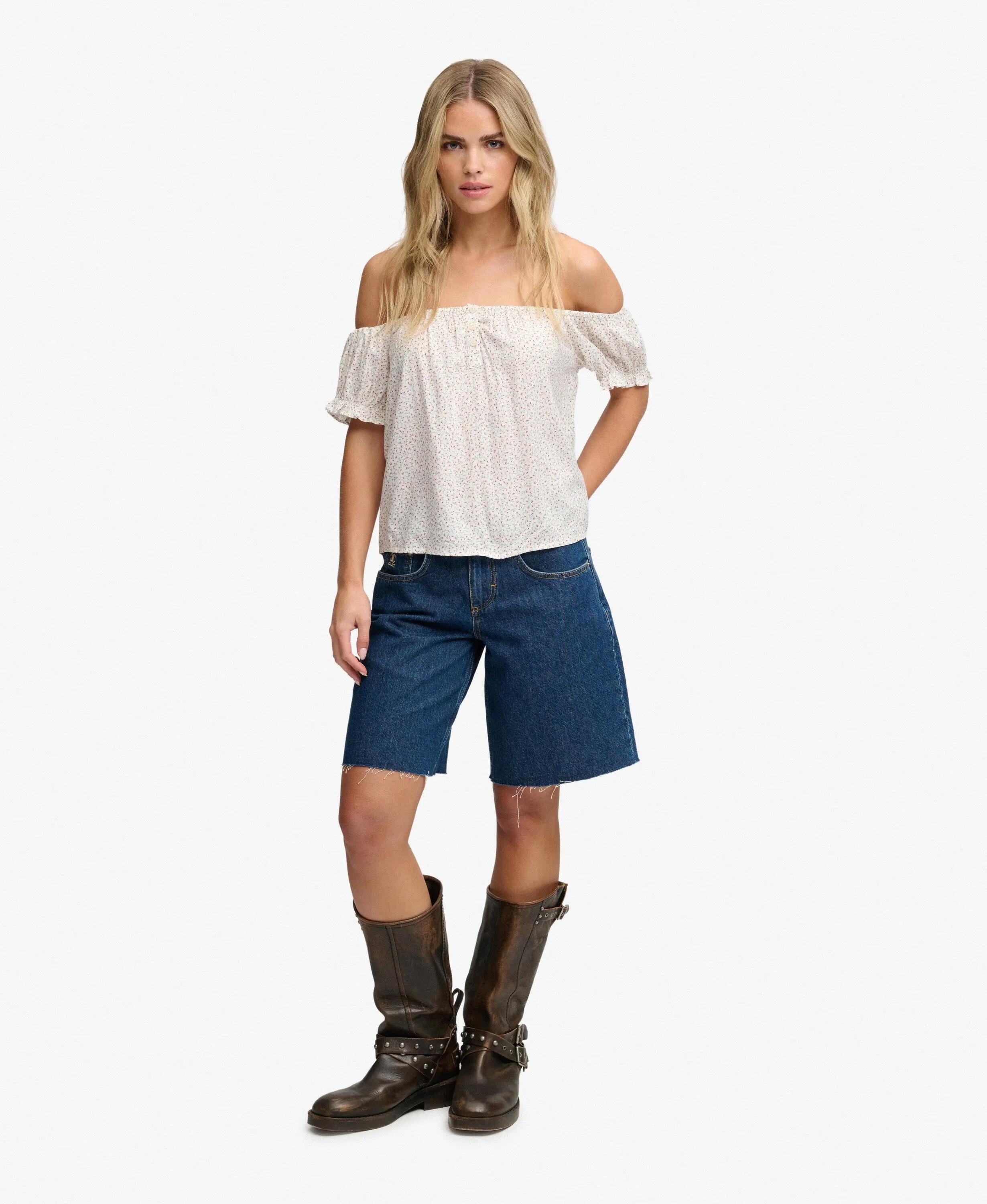 superdry Top tecido manga curta meio botões padrão mini rosas – Off White Mini 3/7