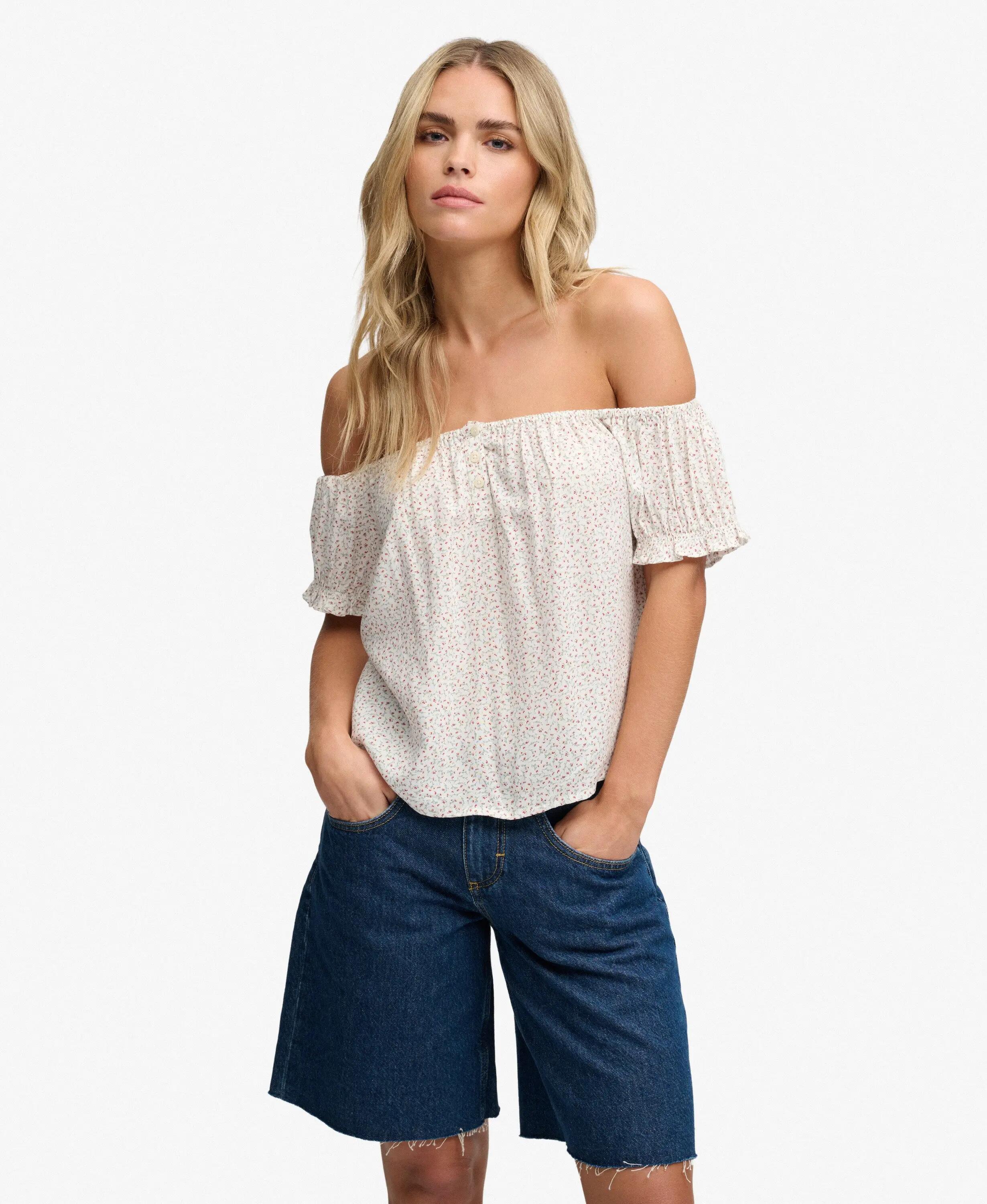 superdry Top tecido manga curta meio botões padrão mini rosas – Off White Mini 2/7