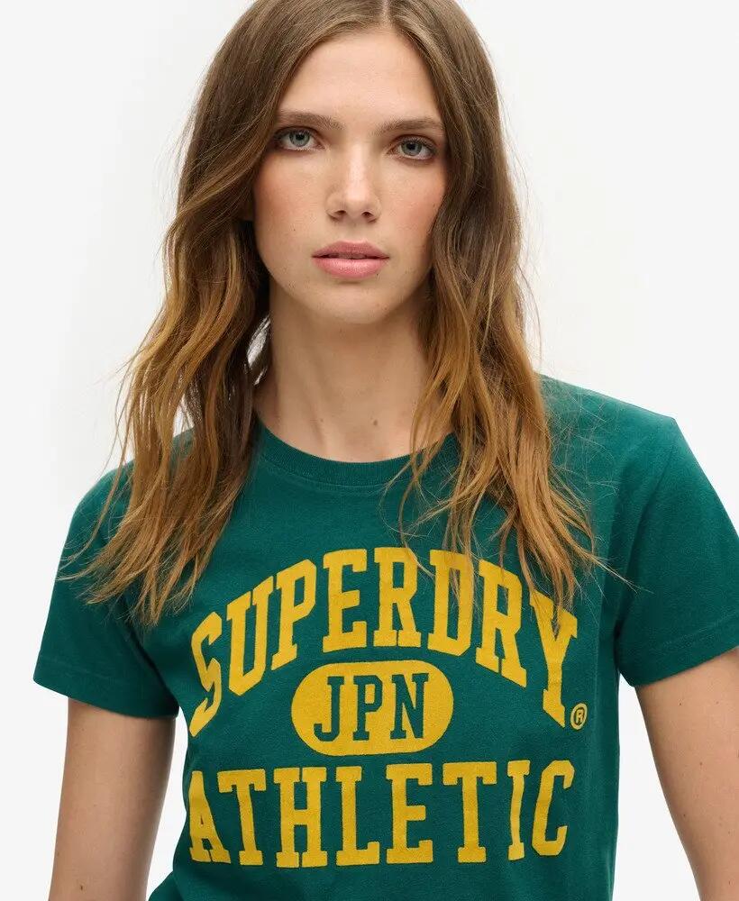 superdry Varsity Flocked Fitted T-Shirt – slim fit, donker bosgroen 3/7