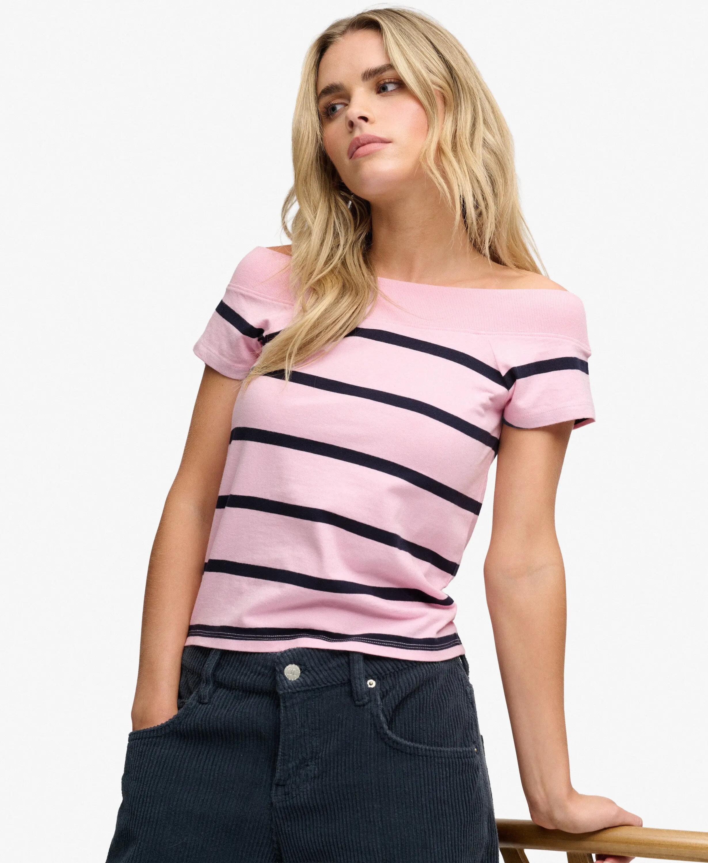 superdry Dames T‑shirt Athletic Off Shoulder van biologisch katoen roze/navy 2/7