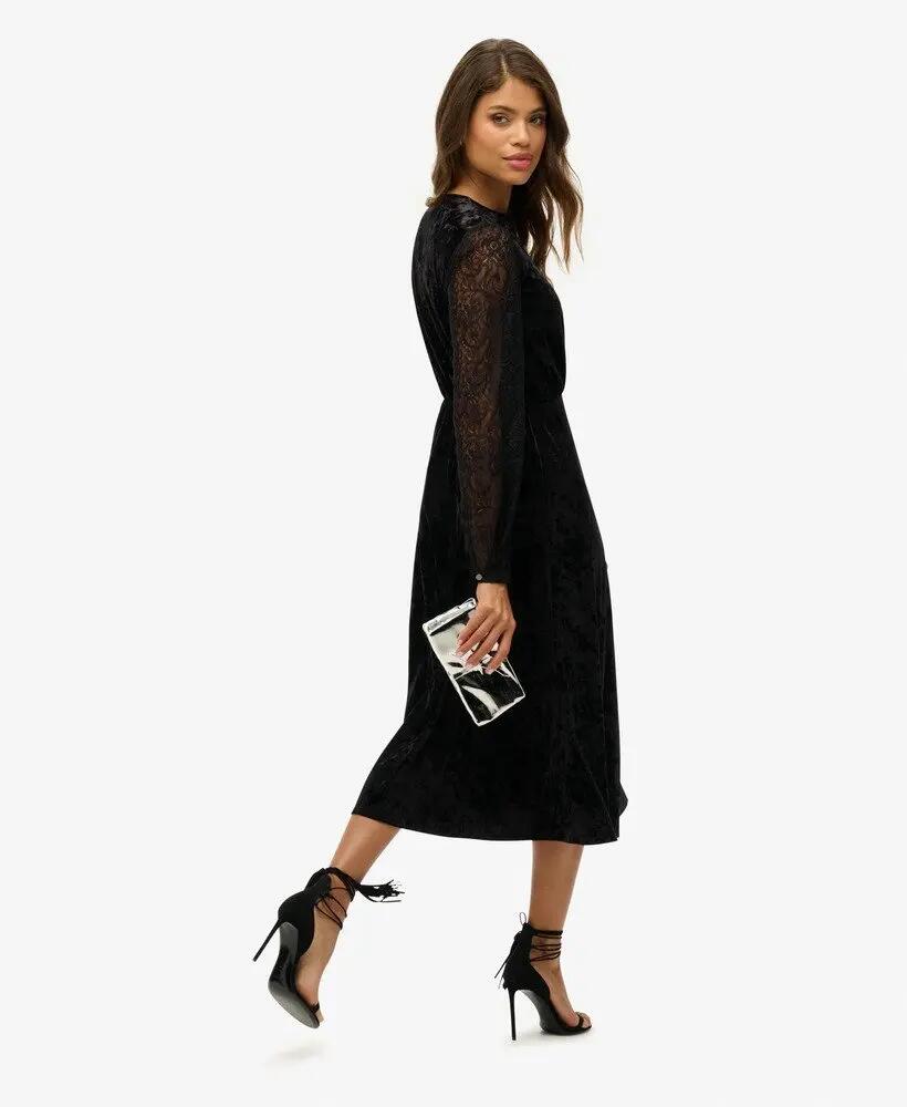 superdry Vestido midi de veludo com mangas rendadas 5/7