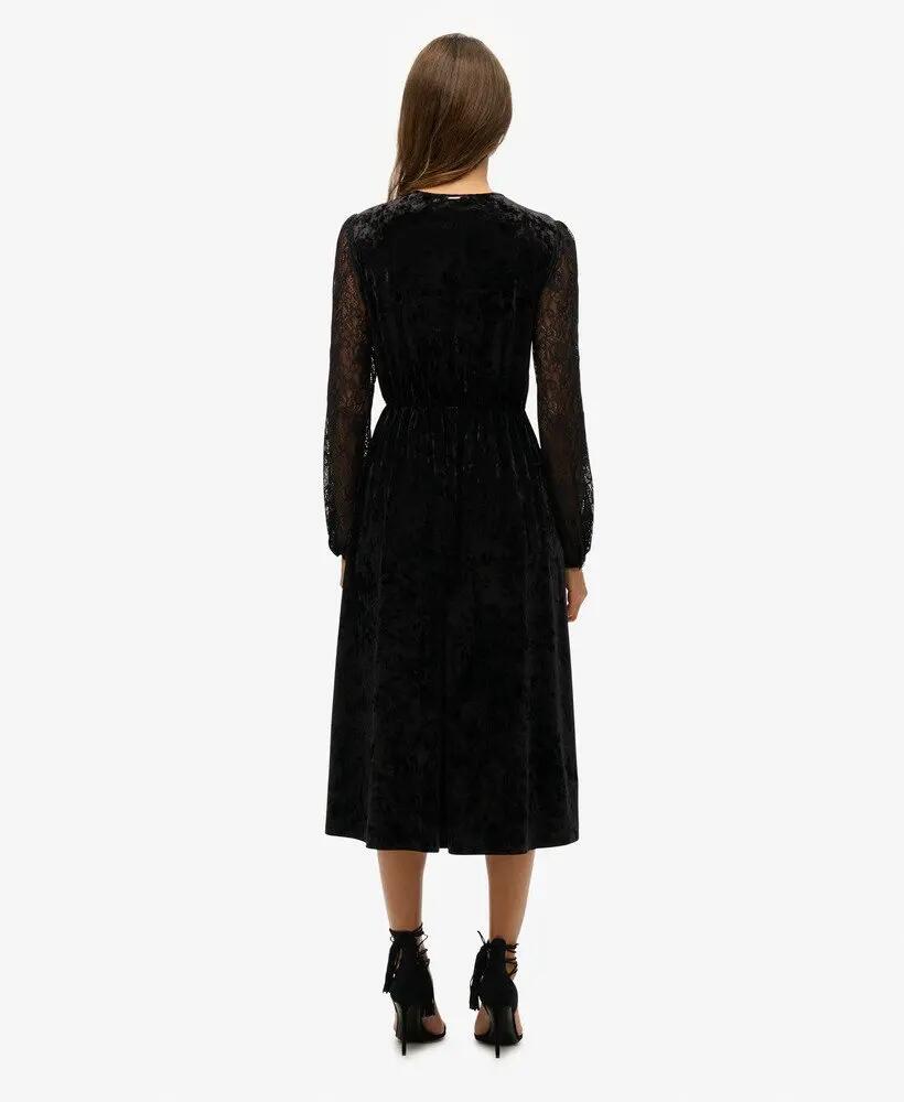superdry Vestido midi de veludo com mangas rendadas 4/7