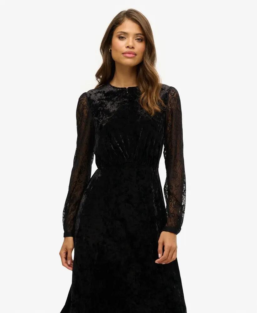 superdry Vestido midi de veludo com mangas rendadas 3/7