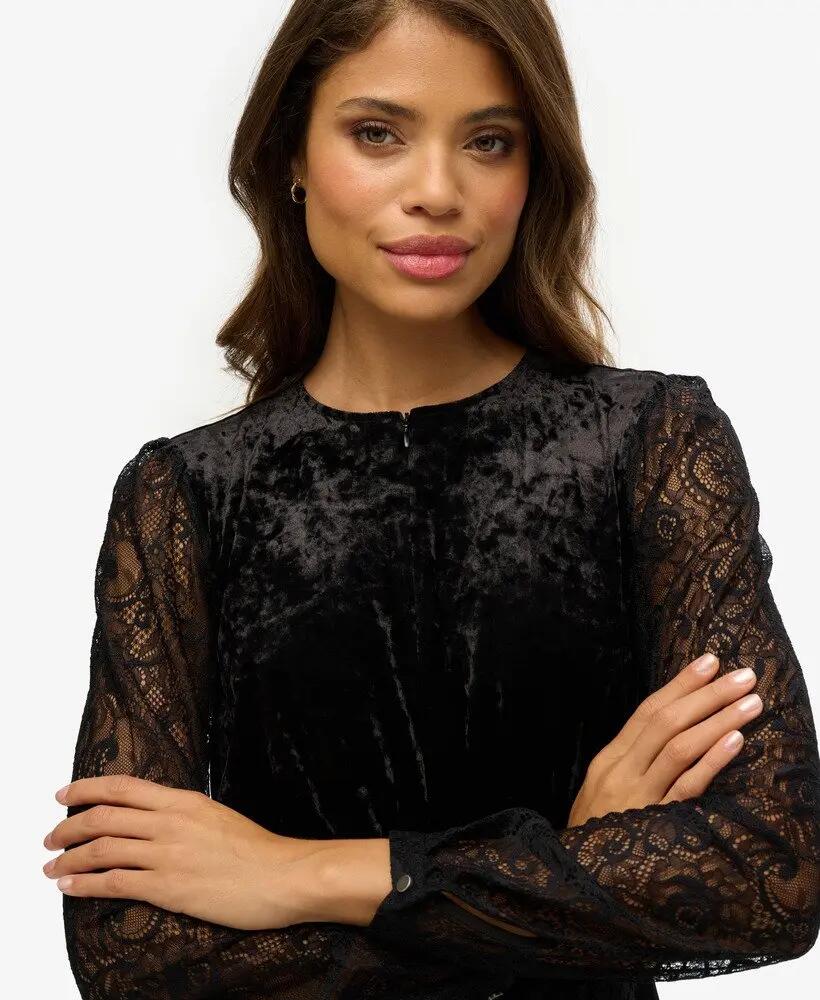 superdry Vestido midi de veludo com mangas rendadas 2/7