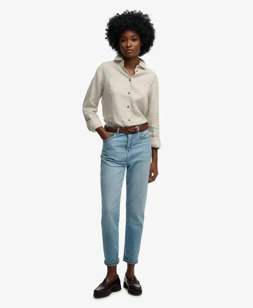 superdry Camisa Premium de Linho Boyfriend – 100% linho – Light Stone Beige 3/5