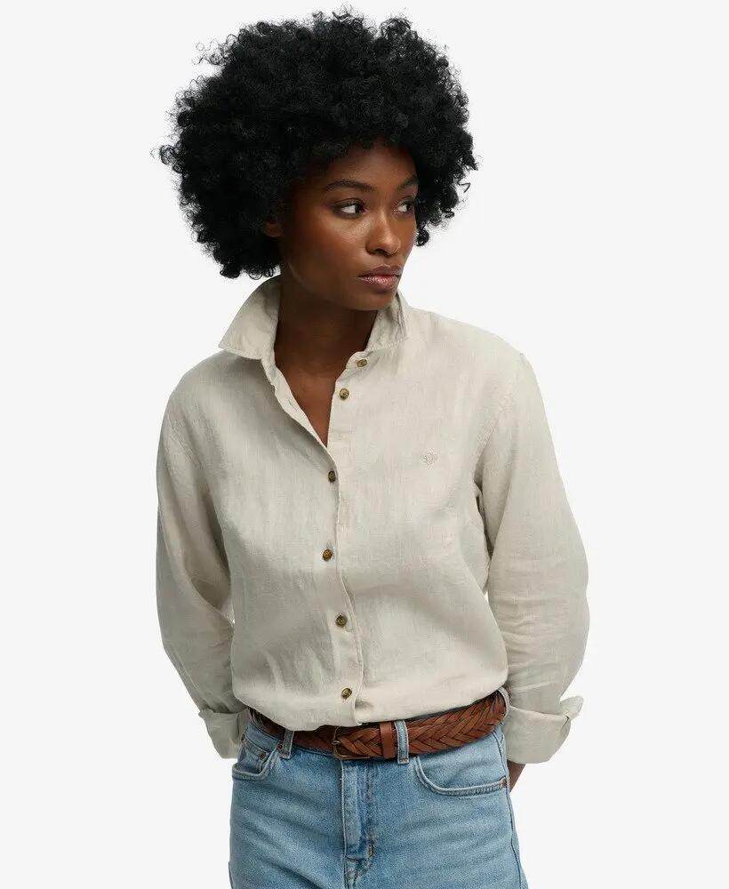 superdry Camisa Premium de Linho Boyfriend – 100% linho – Light Stone Beige 2/5