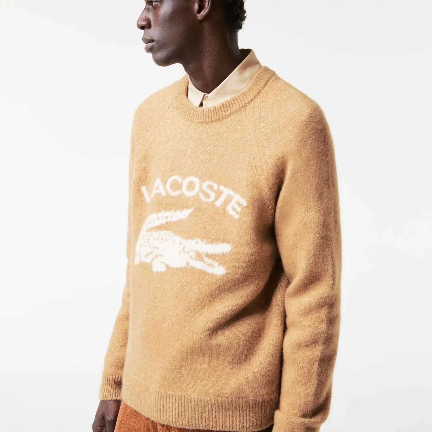 Sweter turystyczny męski Lacoste AH0447 gruby brązowy z alpaką i wełną 2/5