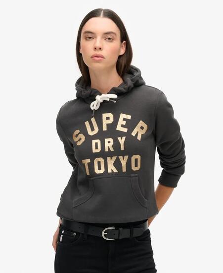 superdry Glitter Graphic Logo Hoodie Washed Black