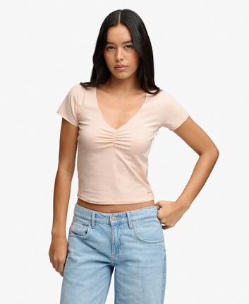 superdry T-shirt courte à encolure V froncée