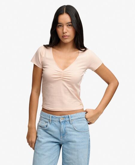 superdry T-shirt courte à encolure V froncée