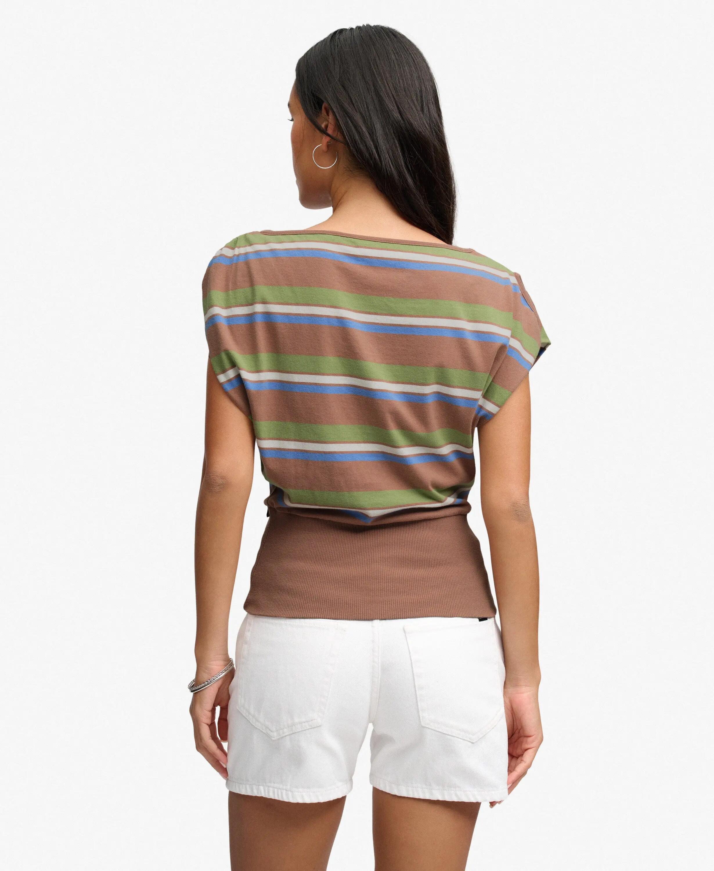 superdry T-shirt Bardot à rayures côtelées – Brown Green Stripe 5/7