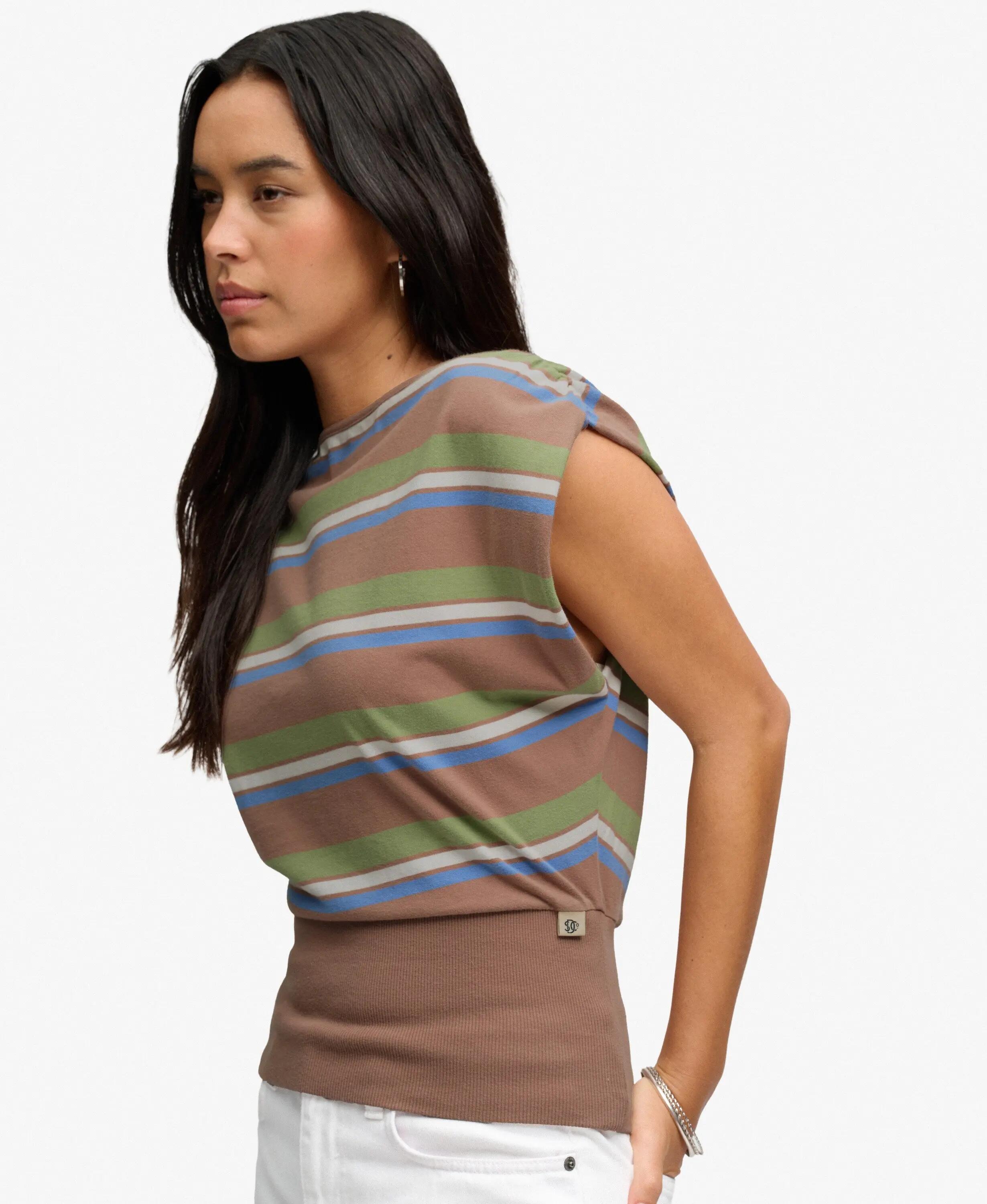 superdry T-shirt Bardot à rayures côtelées – Brown Green Stripe 4/7