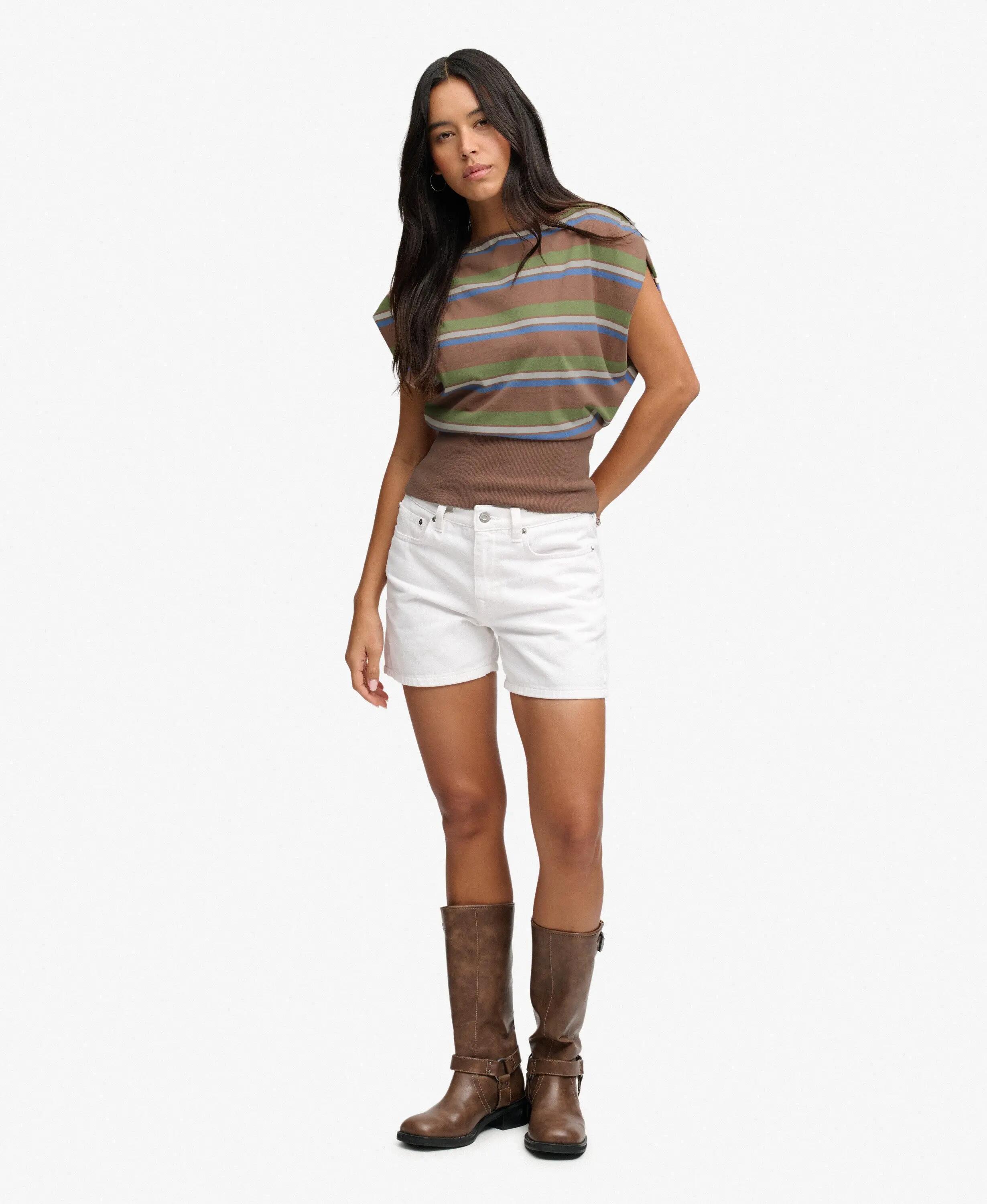 superdry T-shirt Bardot à rayures côtelées – Brown Green Stripe 3/7