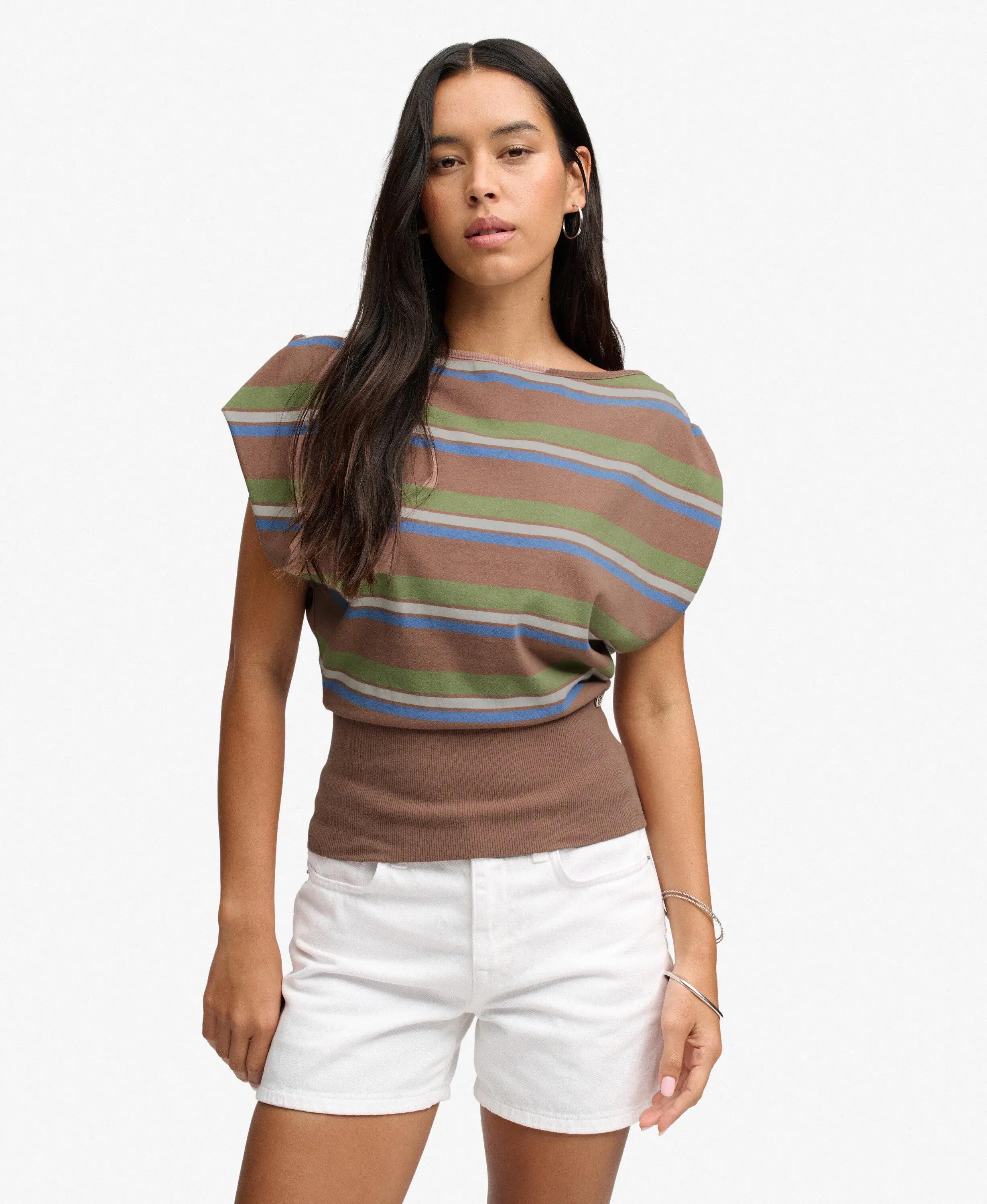 superdry T-shirt Bardot à rayures côtelées – Brown Green Stripe 2/7