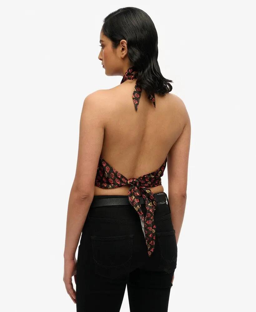 superdry Jacquard Halter Top in viscosa con motivo floreale – Floral Block Black 4/4