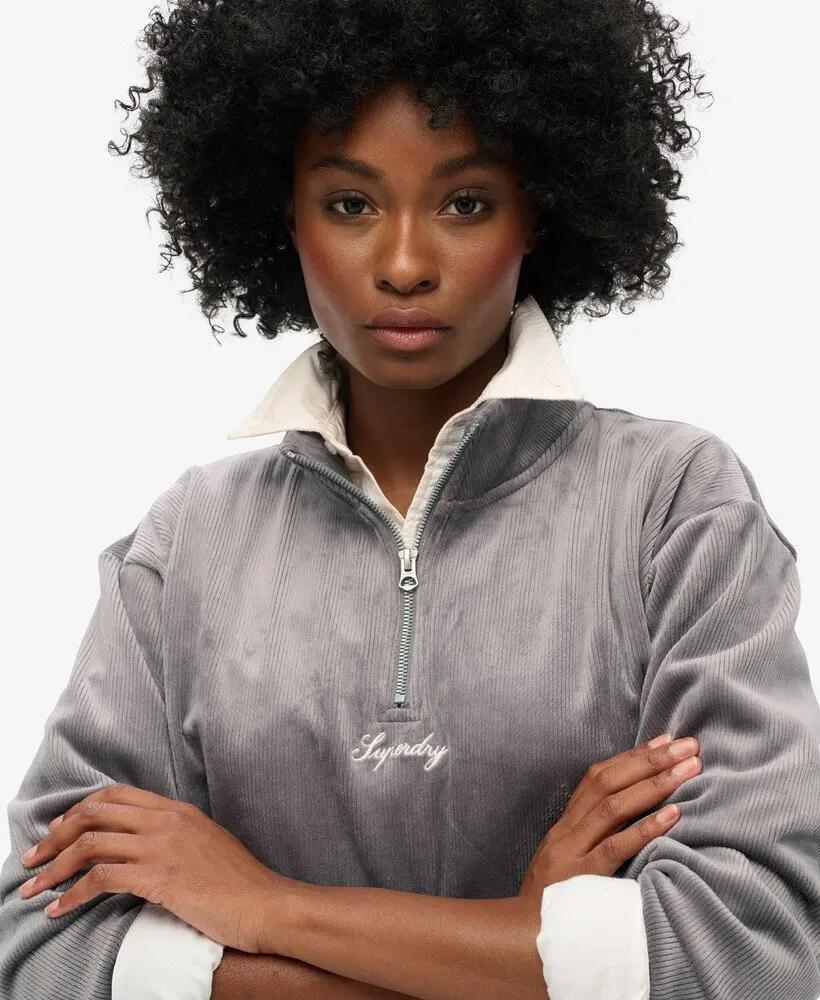 superdry Country Club Velour Half Zip sweat feminina - veludo, Rock Dark Grey 3/6