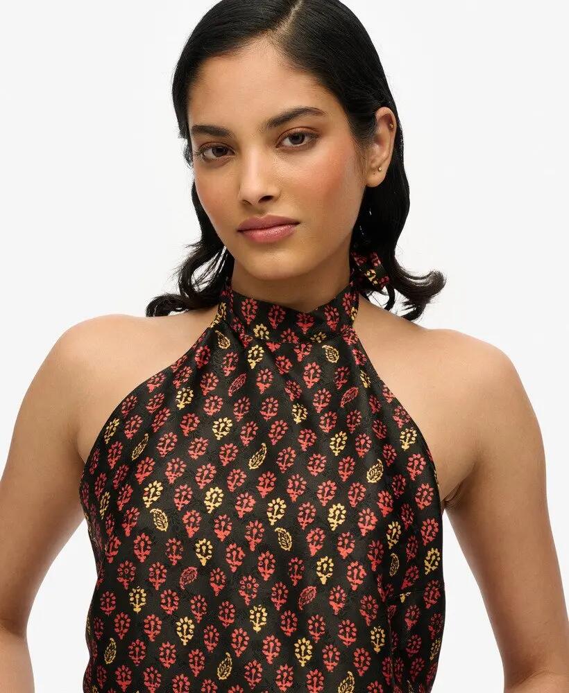 superdry Jacquard Halter Top in viscosa con motivo floreale – Floral Block Black 3/4