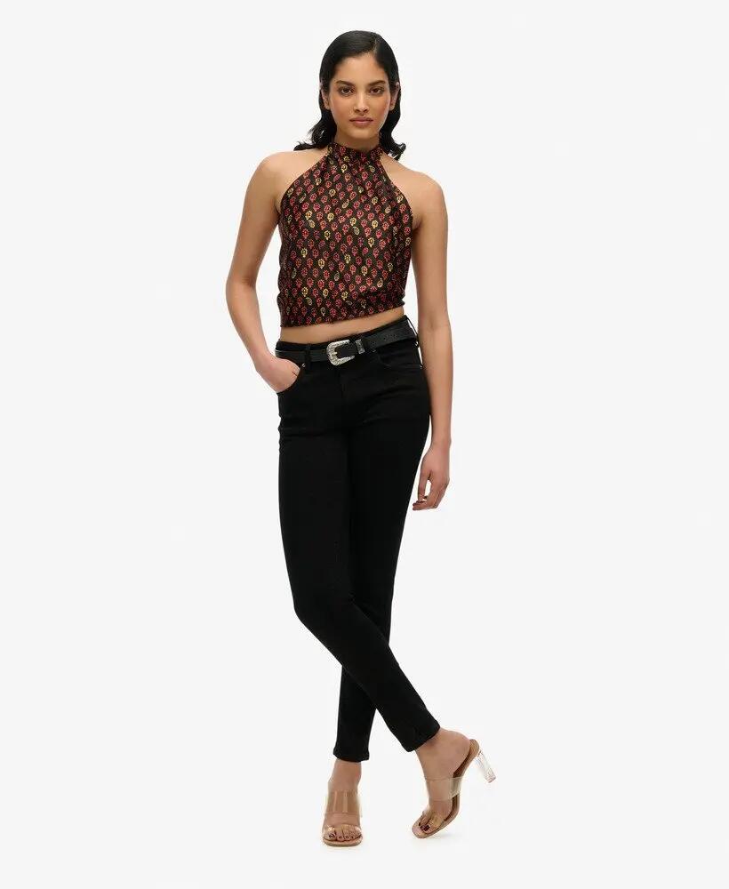 superdry Jacquard Halter Top in viscosa con motivo floreale – Floral Block Black 2/4