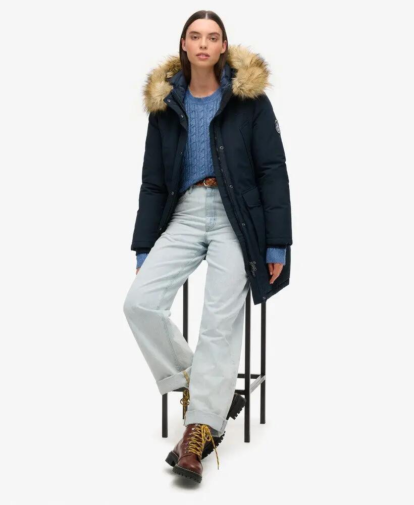 superdry Parka Everest z futerkiem — Długa, pikowana kurtka – Nordic Chrome Navy 2/6