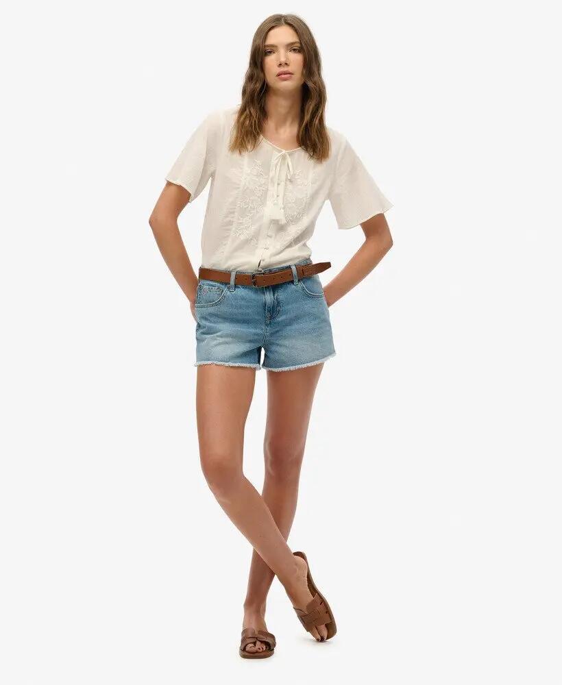 superdry Top de botões bordado de manga curta em algodão – ECRU 2/4
