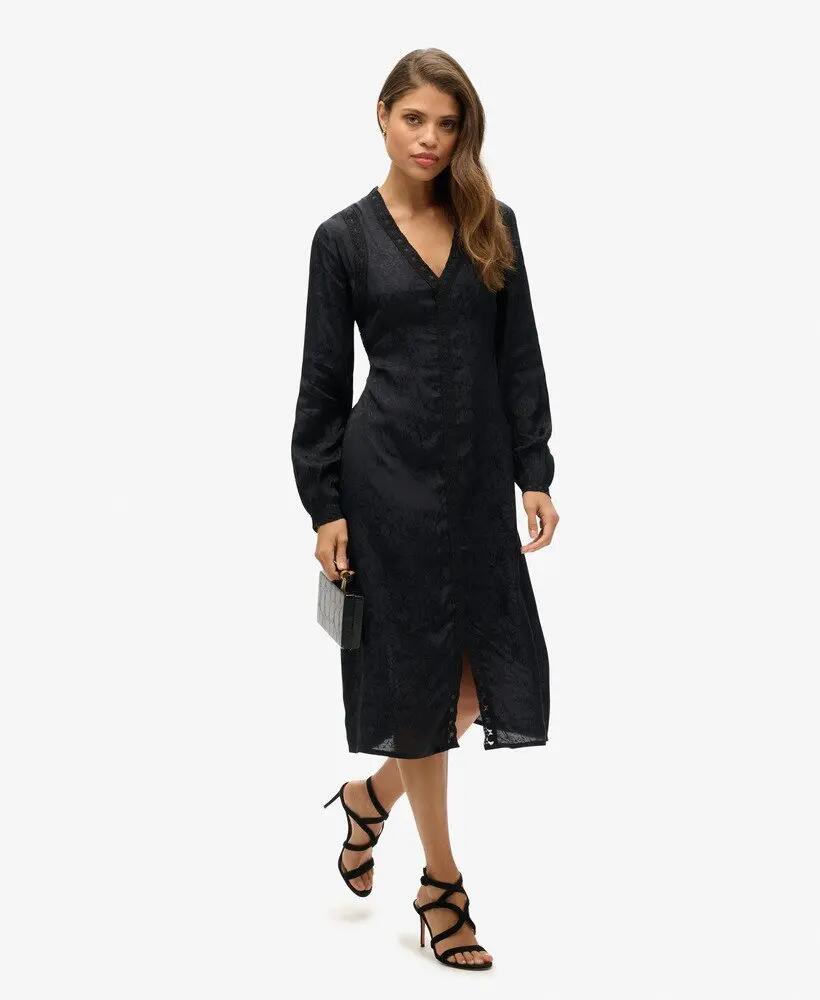 superdry Vestido midi em jacquard com renda – Urban Black 4/6