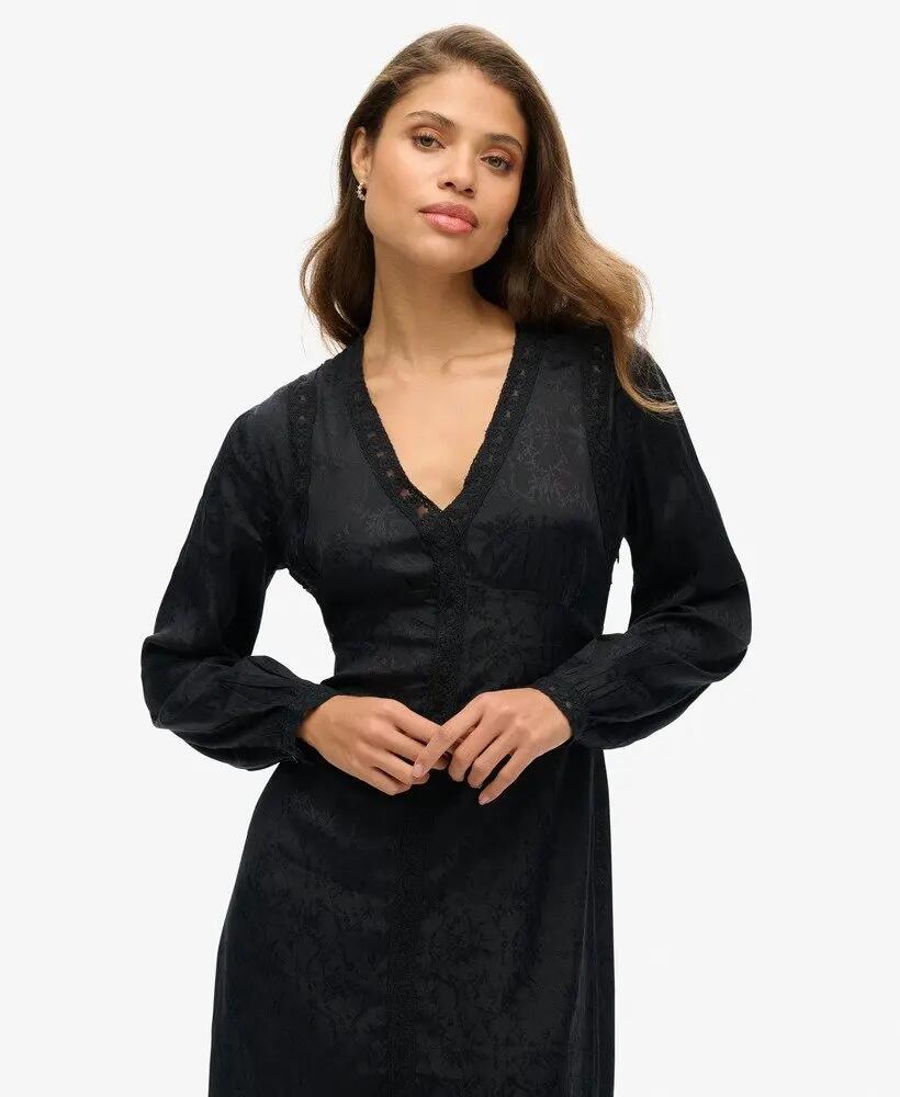 superdry Vestido midi em jacquard com renda – Urban Black 2/6