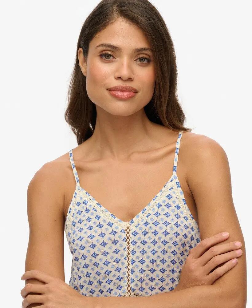 superdry Top Ladder Trim Cami en viscosa con encaje – Diamond Tile Blue 3/4