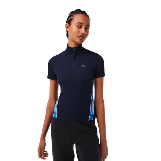 Polo Lacoste Femme Contrast Bands Zip Neck, Coupe Ajustée Bleu Marine