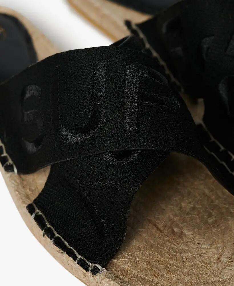 superdry Espadrille Cross Strap Sliders preto com palmilha de corda 6/7