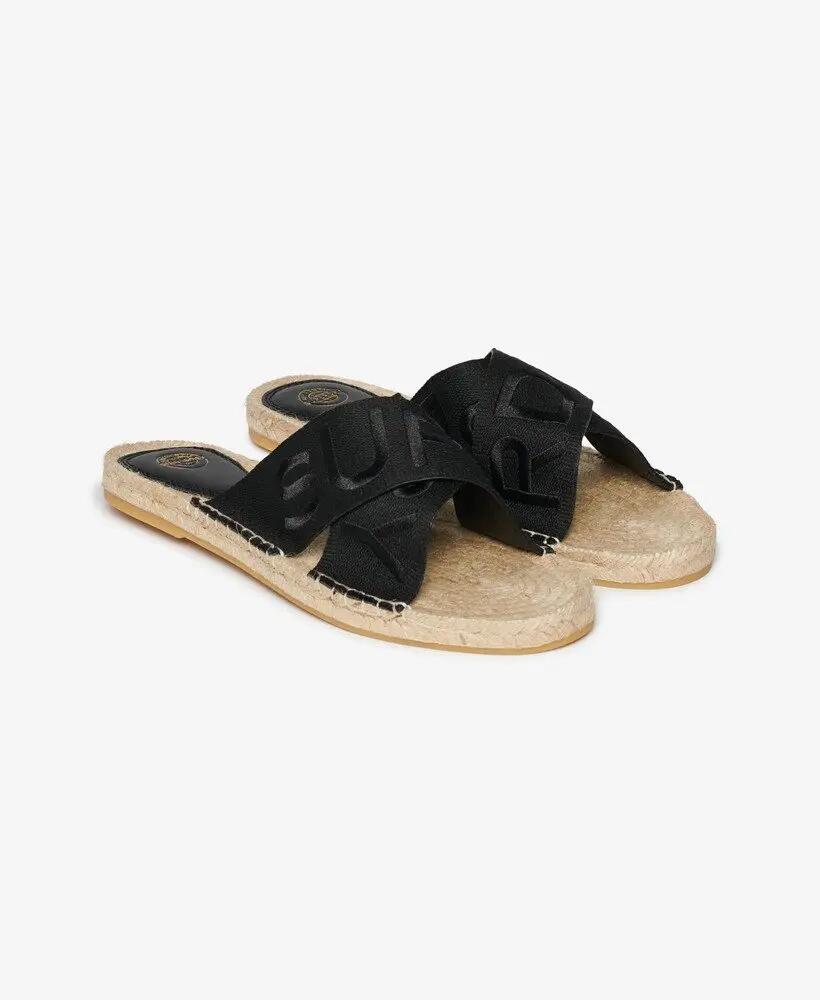 superdry Espadrille Cross Strap Sliders preto com palmilha de corda 3/7