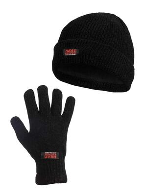 Dames winter thermo set - chenille - muts + handschoenen - zwart