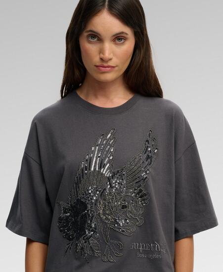 superdry Oversized T-Shirt Tattoo Embellished aus Baumwolle – Manor House Grey