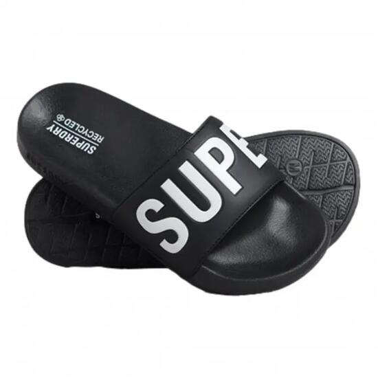 superdry Code Core Pool Sliders - Claquettes noires et blanches, logo embossé –