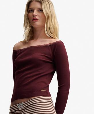 Superdry langarm top bardot met kant – candy pink
