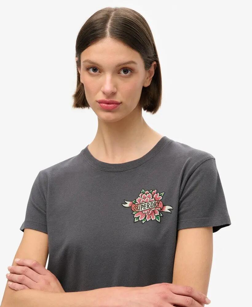 superdry T-shirt aderente Tattoo Rhinestone in cotone – CHARCOAL 4/6